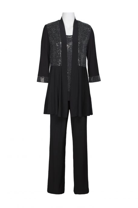 R&M Richards Round Neck Mock 2 Piece Top Embellished 3/4 Sleeve ITY Pants Suit Two Piece Set