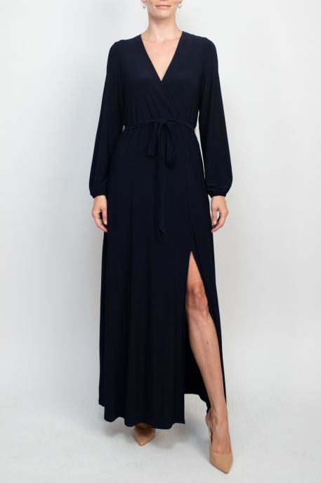 Marina V-Neck Long Sleeve Slit Front Solid Jersey Long Dress