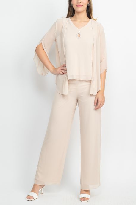 Marina V-Neck Sleeveless Embellished Keyhole Front Elastic Waist Straight Pants with 3/4 Sleeve Jacket (3pc Set)