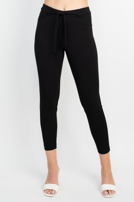 Soho Mid Waist Tie Front Ankle Length Crepe Pant with Mock Pocket