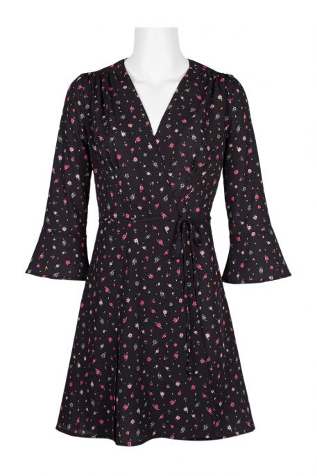French Connection V-Neck 3/4 Sleeve Pleated Tie Waist Floral Print Faux-Wrap Polyester Dress
