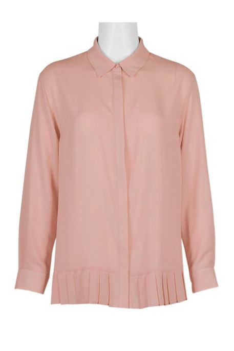 French Connection Collared Long Sleeve Pleated Button Closure Solid Polyester Top