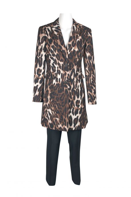 John Meyer Collection Notched Collar Long Sleeve Long Jacket Leopard Print Two Button Pockets Zipper Closure Pants Stretch Crepe Pant Set
