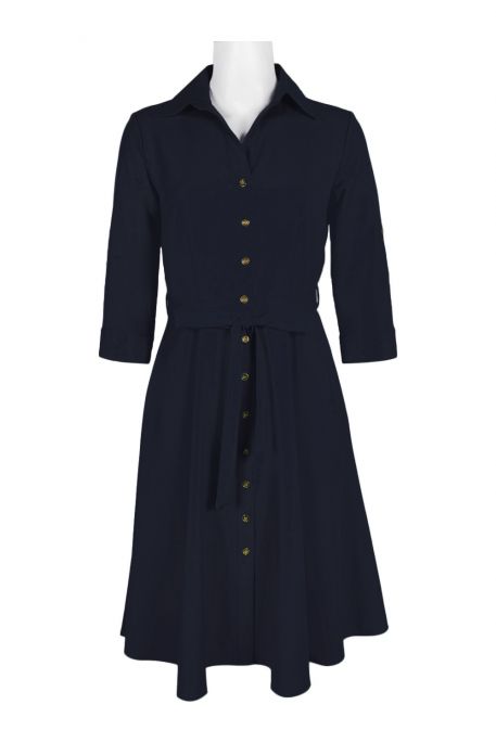 Sharagano Collared Button Down Tie Front Pockets Solid Crepe Dress