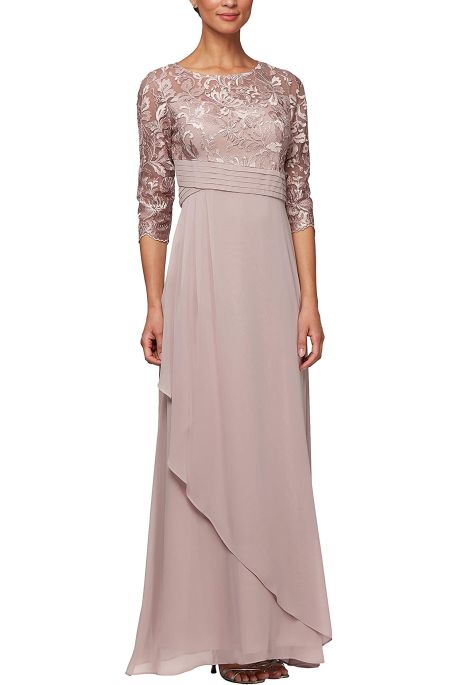 Alex Evenings Scoop Neck 3/4 Sleeves Back Zipper Shimmering Long Embroidered Sequin Dress