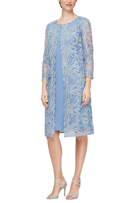 Alex Evenings boat neck 3/4 sleeve matte jersey dress with stretch mesh floral embroidered jacket