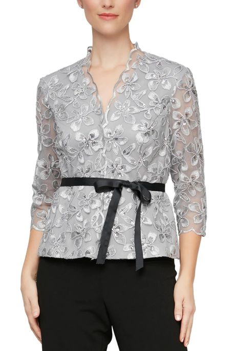 Alex Evenings illusion 3/4 sleeve embroidered V-neck scallop detail zipper back tie waist embroidered mesh blouse