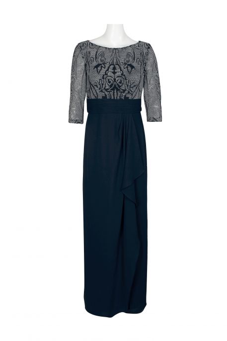 JS Collections Boat Neck 3/4 Sleeve Embroidered Illusion Bodice Draped Front Pleated Waist Zipper Back Crepe Long Dress
