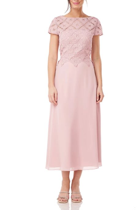 JS Collections Lace Bodice Boat Neck Cap Sleeve Zipper Back Fit and Flare Chiffon Dress