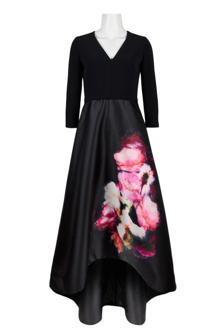 Theia V-Neck Long Sleeve Zipper Back A-Line Floral Print Crepe Mikado Dress