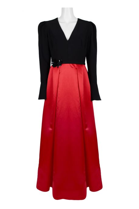 Theia V-Neck Long Sleeve Embellished Waist Box Pleat Zipprt Back Crepe Mikado Dress
