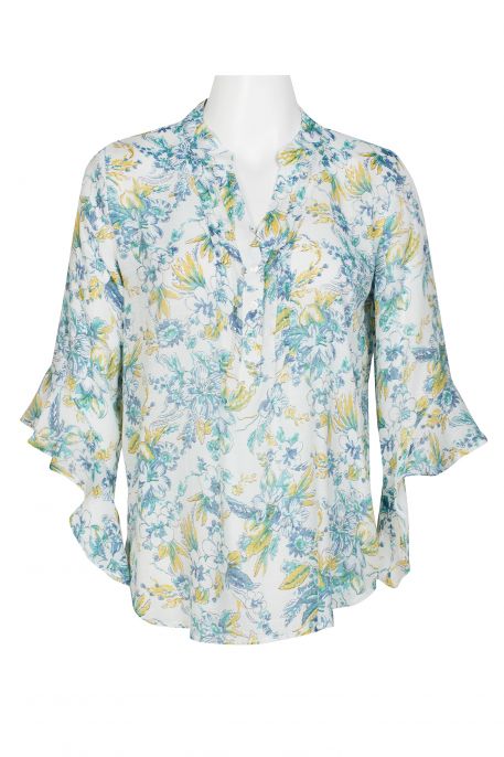 Counterparts V-Neck Pleated Front Ruffle Sleeve Multi Print Crepe Blouse