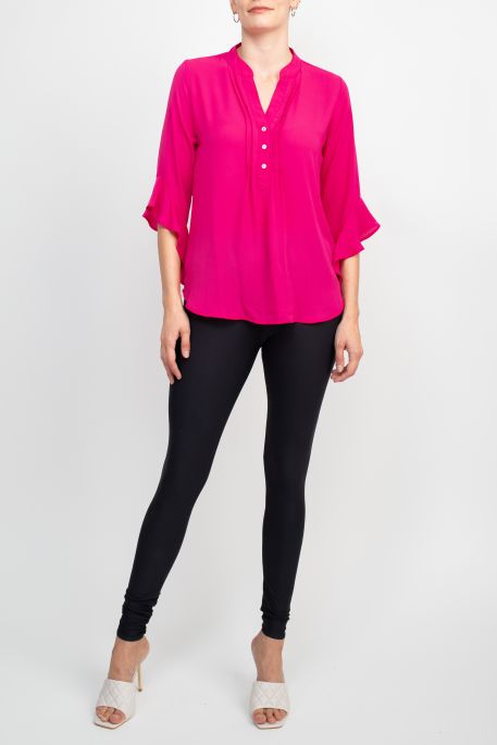 Counterparts V-Neck Pleated Front Ruffle Sleeve Printed Chelsea Crepe Blouse