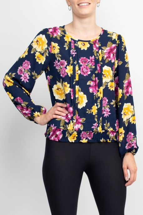 Counterparts Crew Neck Long Sleeve Elastic Cuff Long Sleeve Pleated Front Multi Print Crepe Top