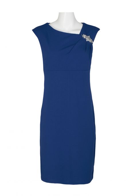 SL Fashion Asymmetrical Neck Sleeveless Pleated Embellished Shoulder Solid Zipper Back Stretch Crepe Dress