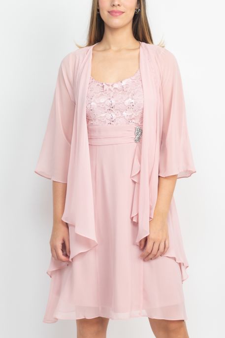SL Fashion Scoop Neck Sleeveless Floral Lace Bodice Embellished Waist Dress with 3/4 Sleeve Open Front Jacket