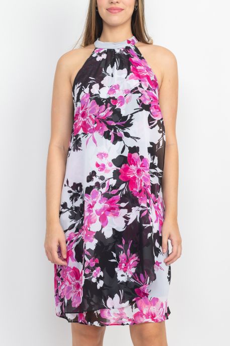 SL Fashion Halter Neck Sleeveless Floral Print Overlay Chiffon Dress