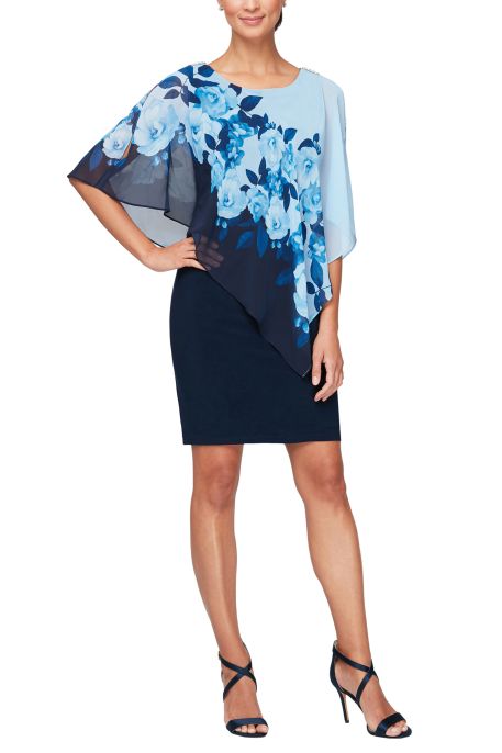 SL Fashion boat neck embellished shoulder asymmetrical multi print chiffon overlay jersey dress