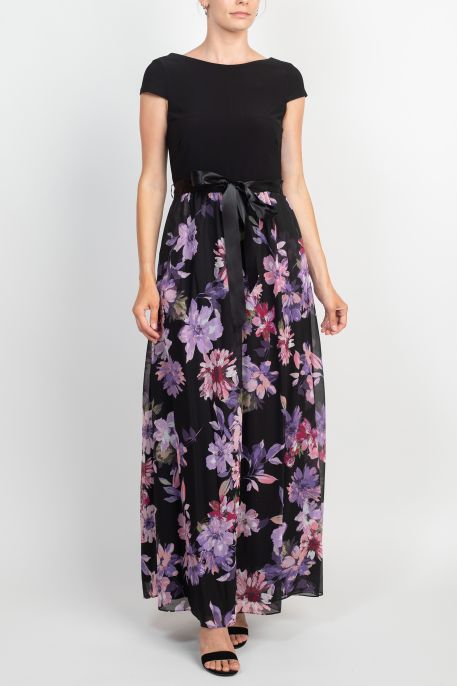 SL Fashion Boat Neck Solid Jersey Bodice Cap Sleeve Tie Waist Floral Print Mesh Skirt Scoop Back Zipper Back Dress