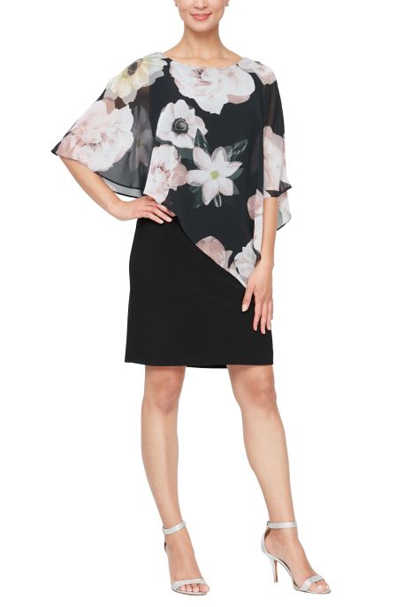 SL Fashion Boat Neck Floral Print Asymmetrical Chiffon Overlay ITY Dress