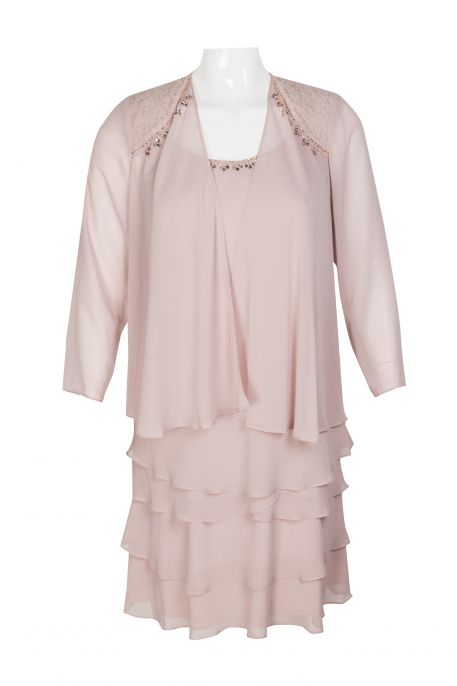 SL Fashion Embellished Scoop Neck Sleeveless Tier Chiffon Dress with Matching Lace and Embellished Shoulder Jacket