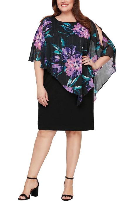 SL Fashion Round Neck Floral Print Popover Cape Sleeve Shift Dress