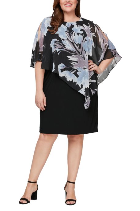 SL Fashion Crew Neck Asymmetrical Slit Cape Sleeve Multi Print Chiffon Dress