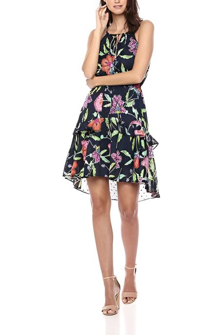 Taylor Spaghetti Strap Keyhole Front Tiered Elastic Waist Floral Cotton Dress