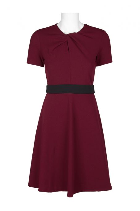 Taylor Crew Neck Pleated Banded Waist Zipper Back A-Line Crepe Dress
