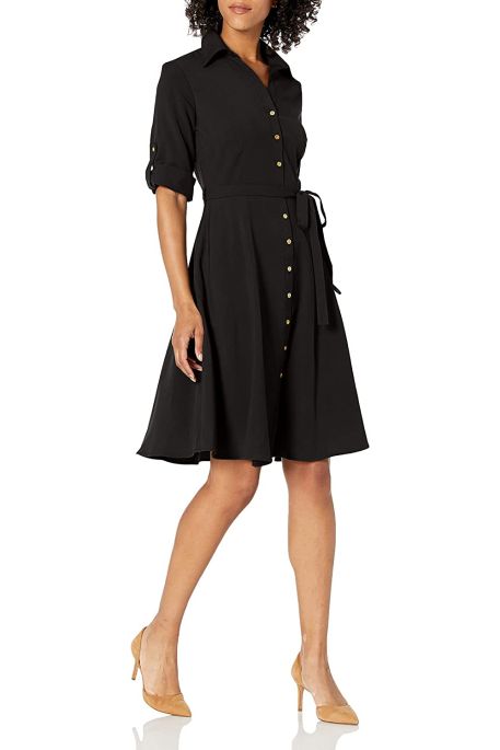 Shargano Collared Short Cuffed Sleeve Button Down Tie Waist A-Line Solid Stretch Crepe Dress
