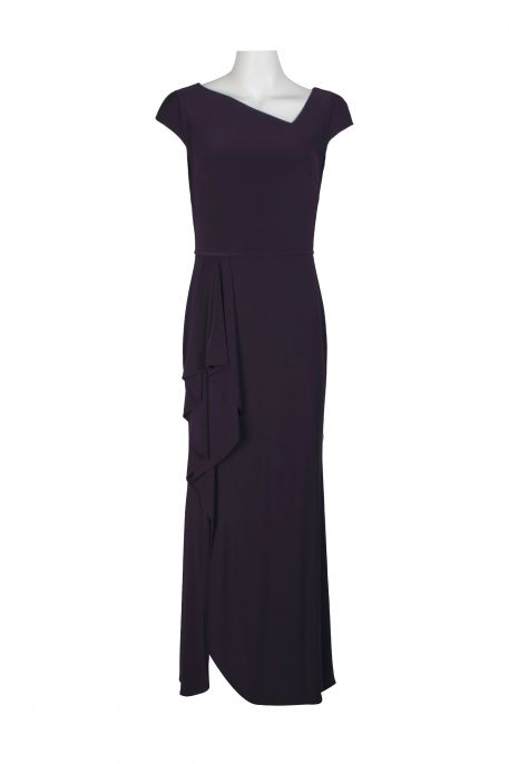 Betsy And Adam Asymmetrical Neck Cap Sleeve Piping Detail Zipper Back Draped Side Solid Long ITY Dress