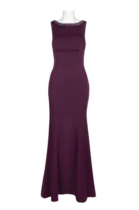 Dave & Johnny Embellished Boat Neck Sleeveless Bodycon Cutout Back Solid Satin Dress