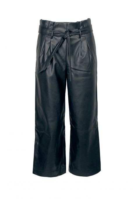 Adyson Parker Pleated Waist Best Loop Zipper Side Tie Waist Wide-Leg Faux Leather Pants