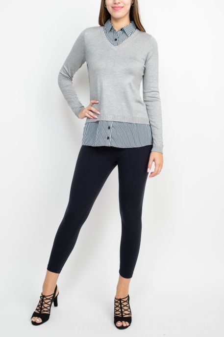 Adrianna Papell V-Neck Long Sleeve Solid Woven Sweater