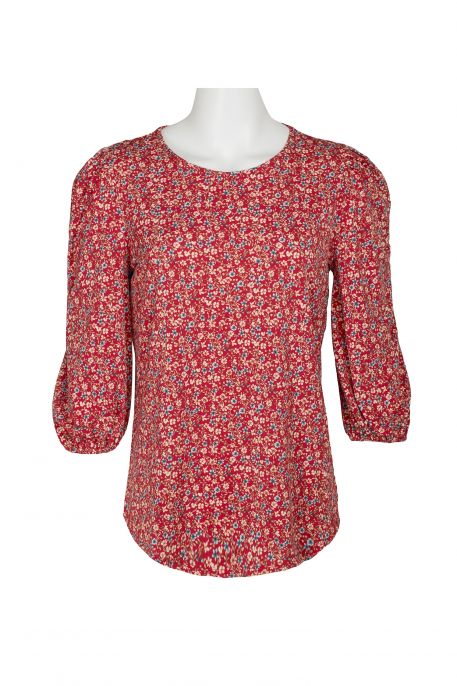 Adrianna Papell Scoop Neck 3/4 Elastic Cuff Sleeve Multi Print 1 Button Keyhole Back Knit Moss Crepe Top