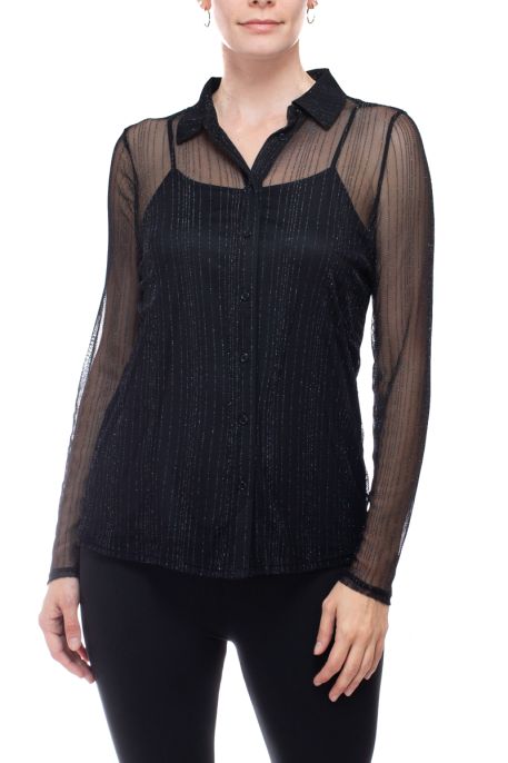 Adrianna Papell collared long sleeve button down lurex mesh knit with cami