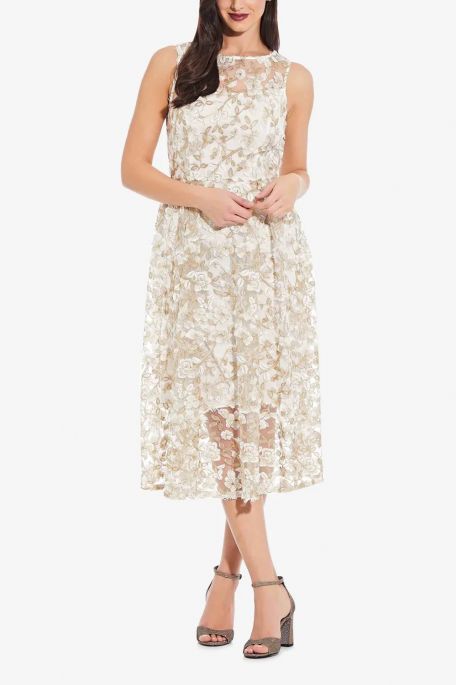 Adrianna Papell Illusion Round Neck Sleeveless Floral Metallic Lace Fit & Flare Mesh Dress