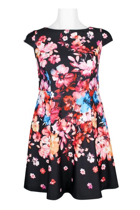 Adrianna Papell Boat Neck Cap Sleeve Exposed Zipper Back A-Line Floral Stretch Crepe Dress (Plus Size)
