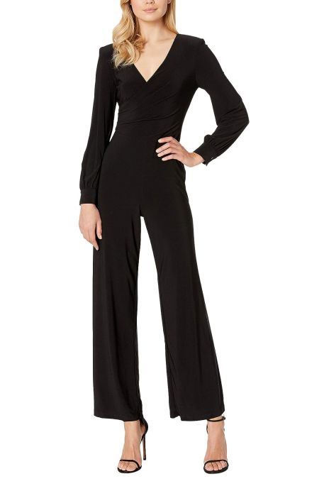 Adrianna Papell V-Neck Ruched Long Sleeve Zipper Back Solid Jersey Jumpsuit