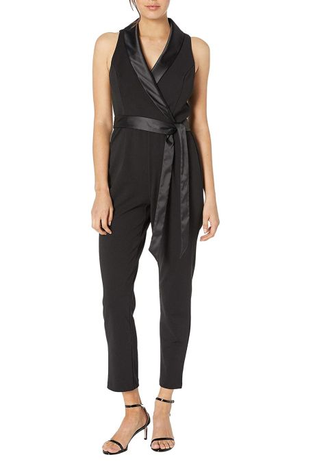 Adrianna Papell Lapel Collar Tie Side Long Sleeve Solid Crepe Jumpsuit
