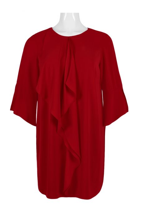 Adrianna Papell Crew neck Long Sleeve Flutter Front Solid Gauze Crepe Dress Plus Size