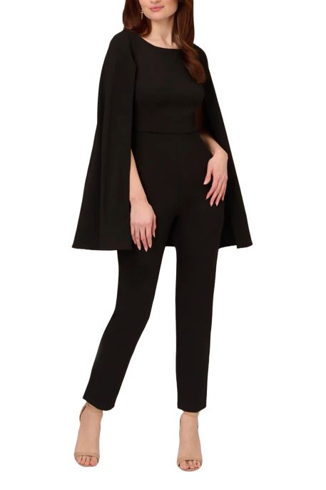 Adrianna Papell Boat Neck Cape Sleeve Zipper Back Solid Crepe Jumpsuit
