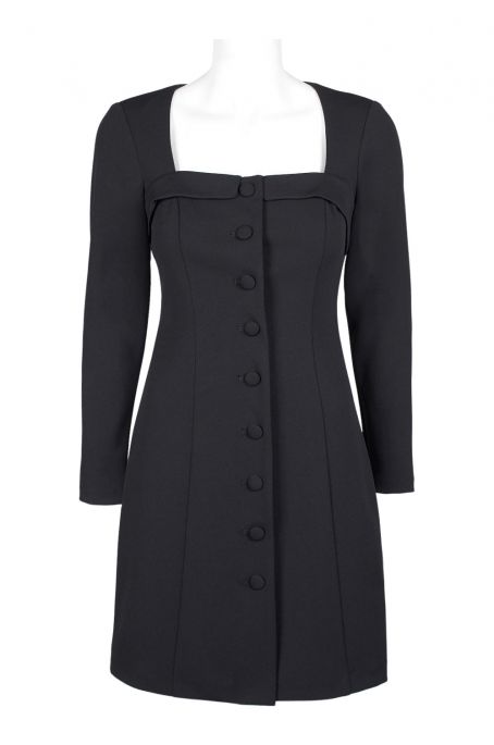 Adrianna Papell Square Neck Long Sleeve Button Detail Zipper Back Knit Crepe Dress
