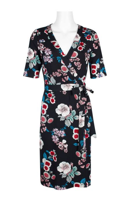 Adrianna Papell Surplice Neck Short Sleeve Floral Print Tie Side Rayon Jersey Faux Wrap Dress