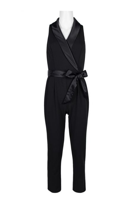 Adrianna Papell Lapel Collar Tie Front Zipper Back Solid Crepe Jumpsuit