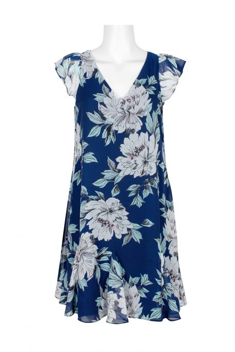 Adrianna Papell V-Neck Short Sleeve Zipper Back Floral Print Godet Hem Chiffon Dress