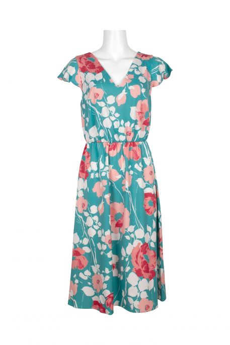 Adrianna Papell V-Neck Short Sleeve Tie Back Floral Print Jersey Dress
