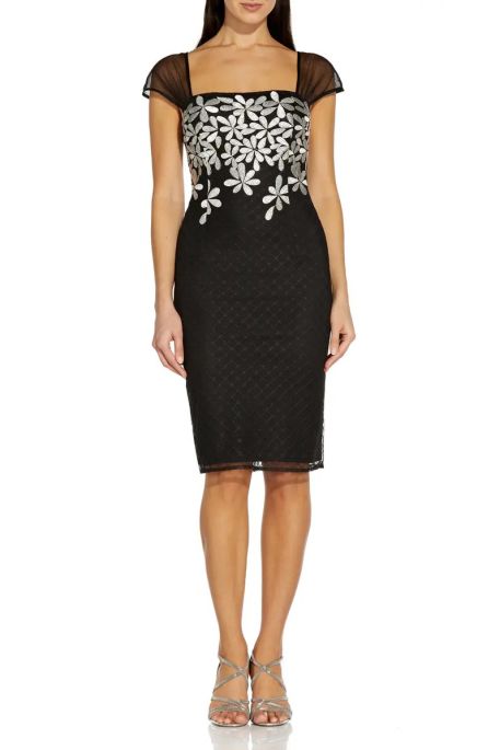 Adrianna Papell Square Neck Cap Sleeve Embroidred Florals at Bodice Zipper Back Hook & Eye Closure Sheath Mesh Dress