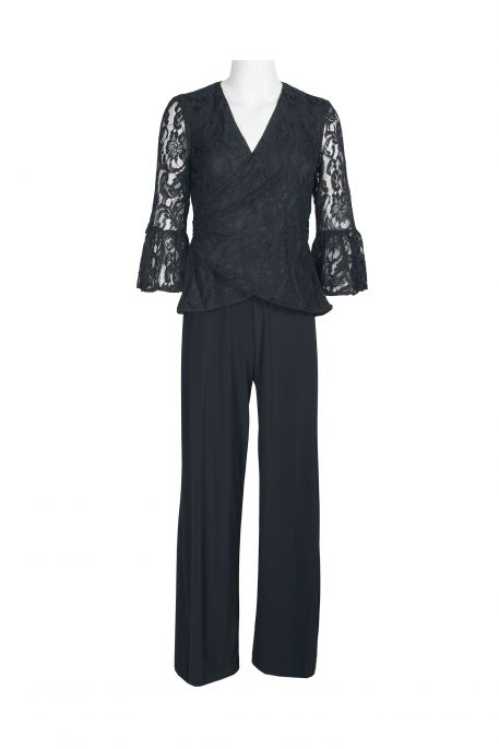 Adrianna Papell V-Neck 3/4 Sleeve Gathered Side Popover Floral Lace Top Zipper Back Jersey Jumpsuit