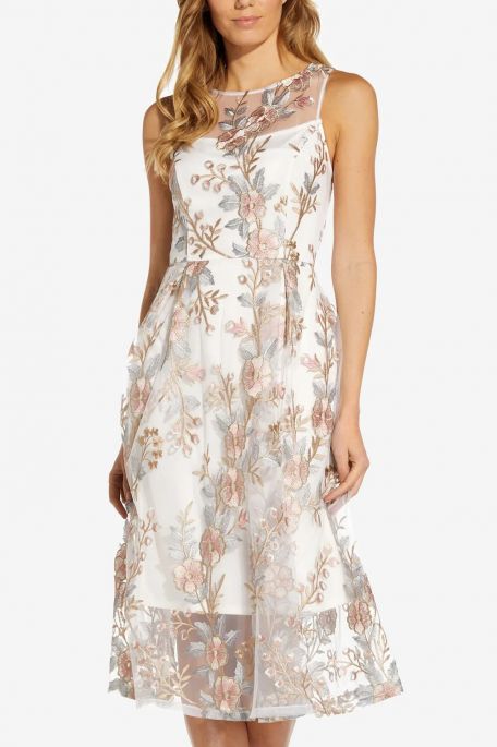 Adrianna Papell Illusion Round Neck Sleeveless Zipper Back Floral Embroidery A-Line Mesh Dress